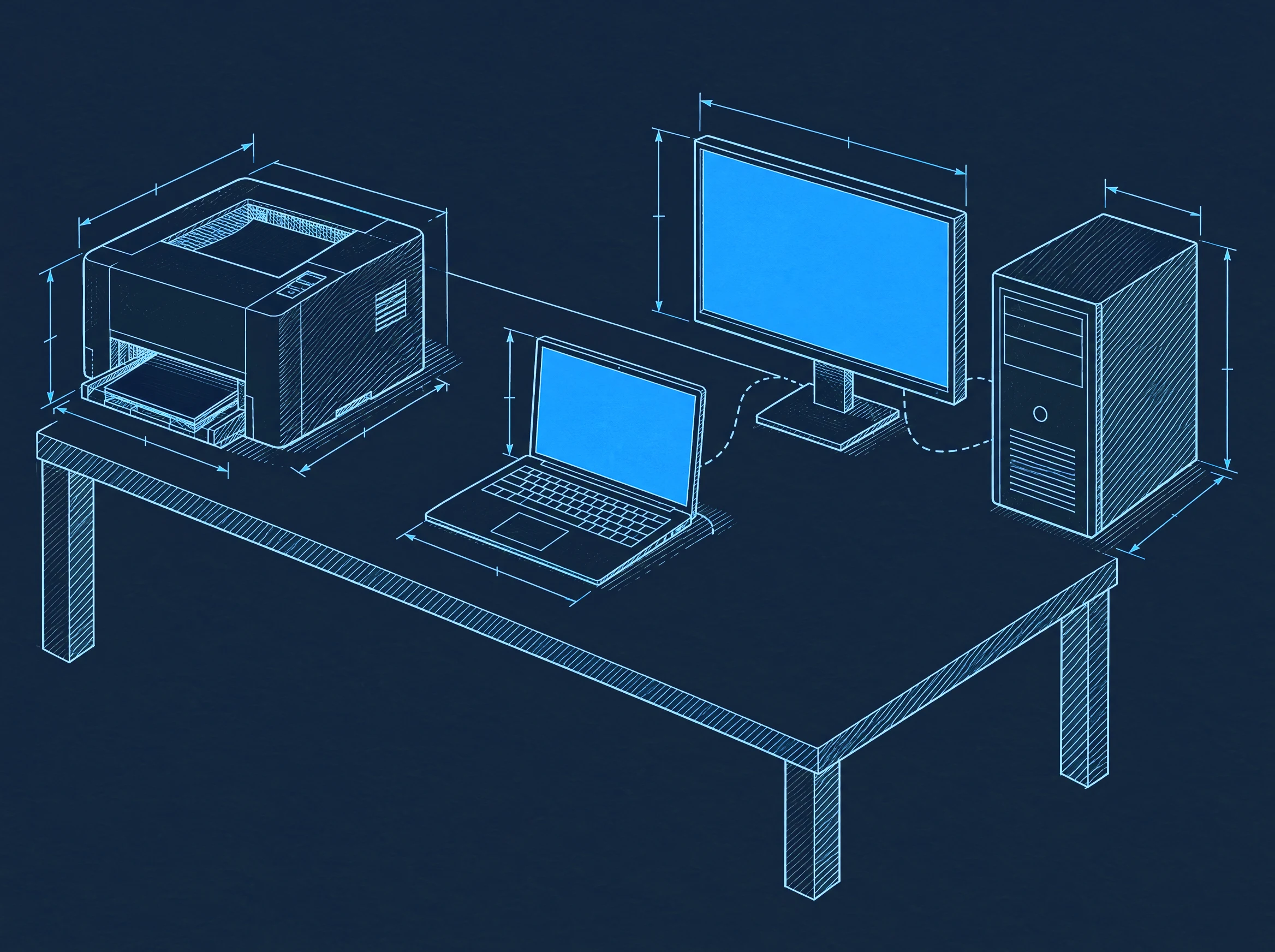 Technický výkres kancelářské techniky na stole: tiskárna, notebook, monitor a počítač s kótami.