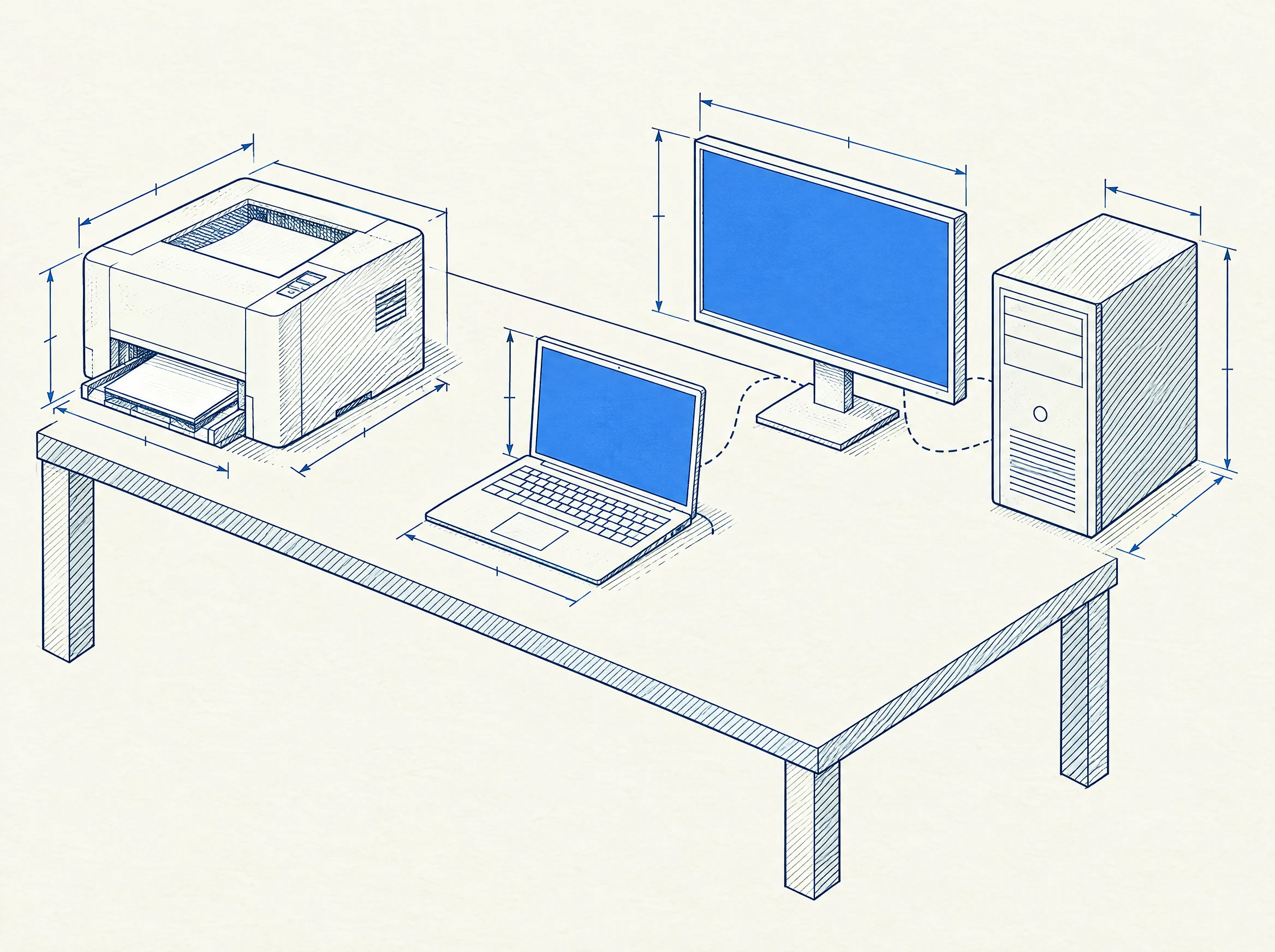 Technický výkres kancelářské techniky na stole: tiskárna, notebook, monitor a počítač s kótami.